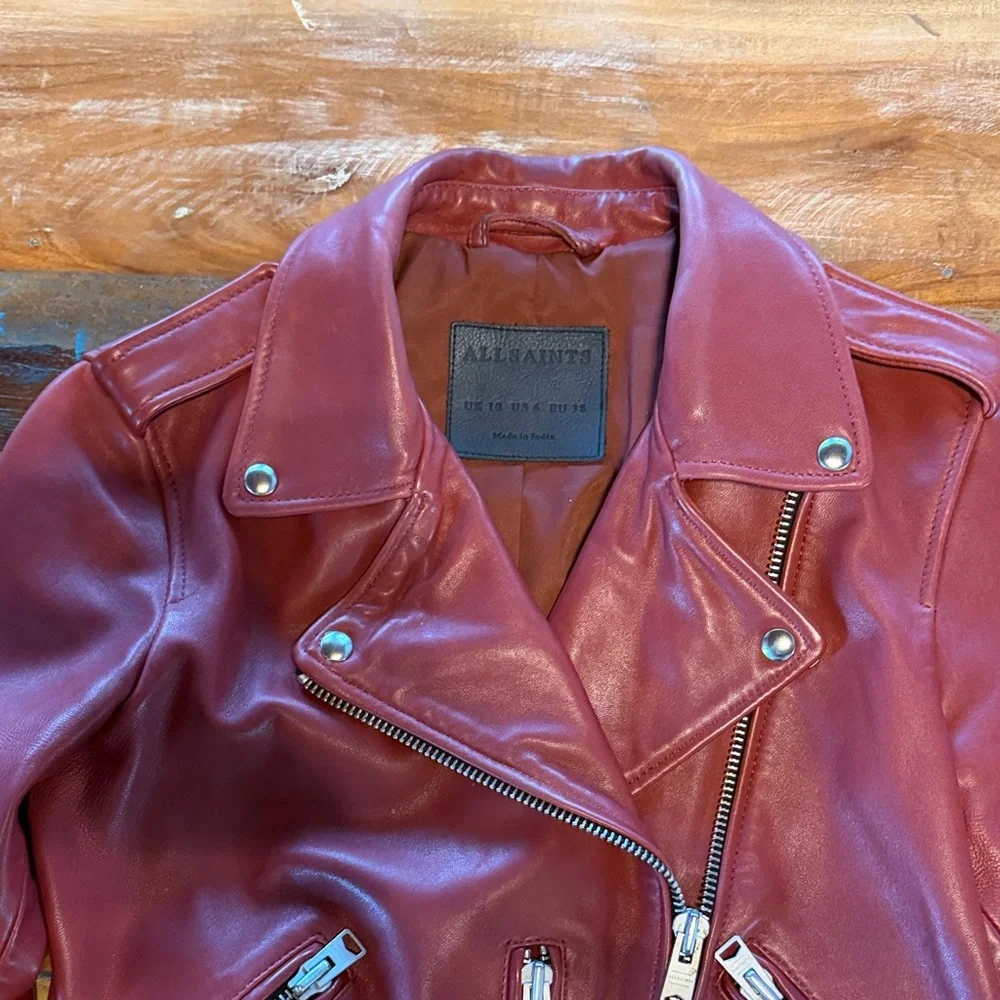 All Saints Dark-Cherry Leather Balfern Biker Jacket (size- US:6, EU:38, UK:10) - Picture 5 of 14